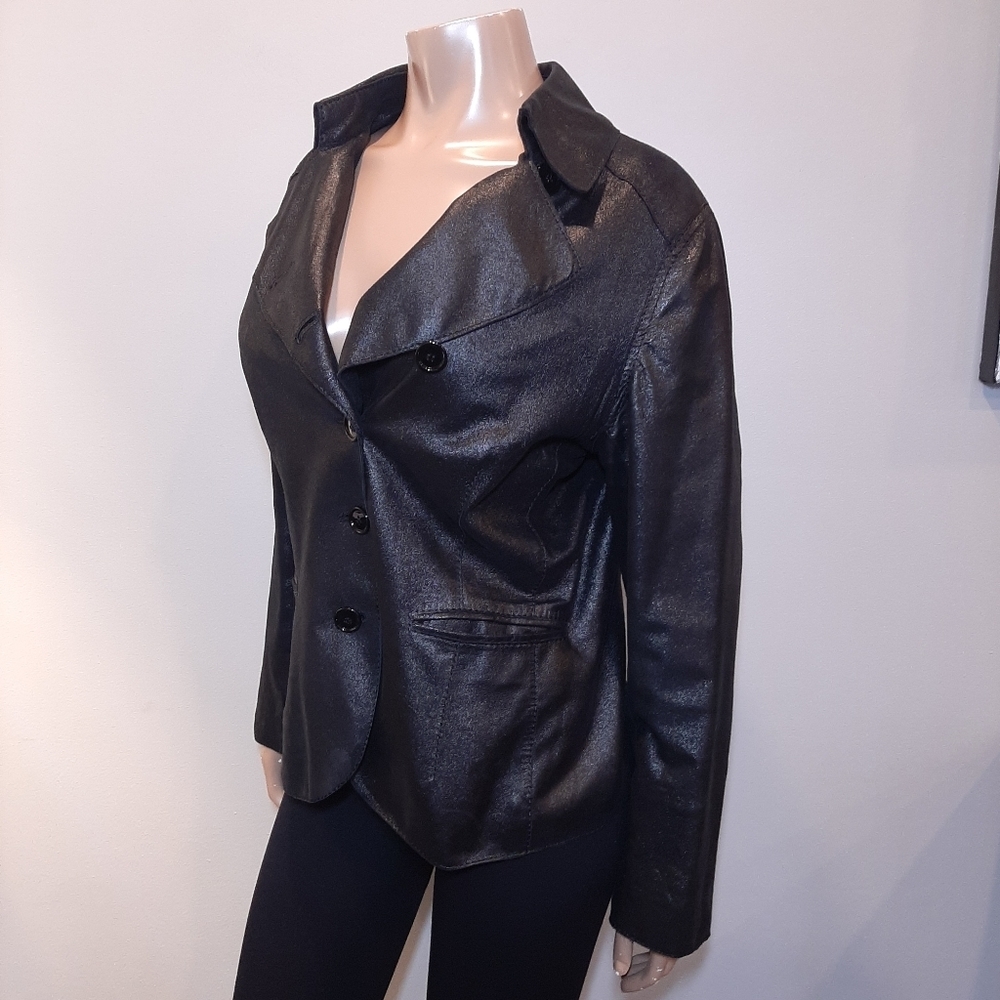 Anne Klein Coated Geniune Leather Jacket Moto Style Single Breasted Black Medium - Picture 6 of 15